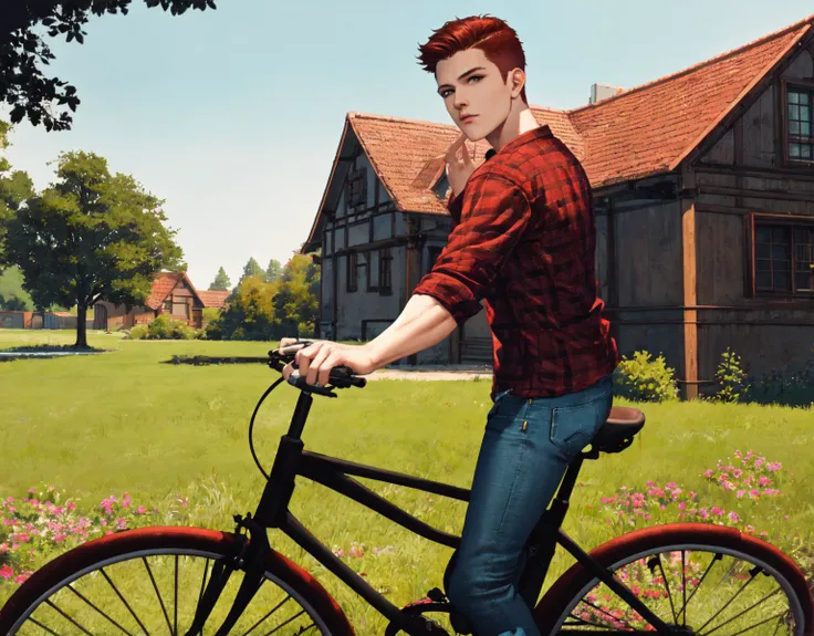 <lora:Rana_Solas:.7> ((masterpiece)), 1boy, bicycle, male focus, red hair, solo, tree, outdoors, flower, shirt, denim, day, pants, house, grass, sky, looking at viewer, jeans, plaid, red shirt, waving, rule of thirds, best light and shadow, ((best quality)), dynamic angle, rim lighting,