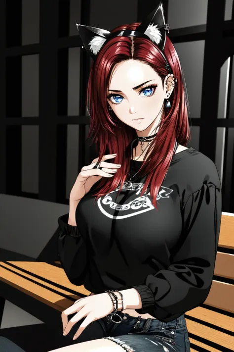 <lora:virtualWorldsPeople_kitchEXTREMELYWIP:.8> (masterpiece, best illustration, extreme light and shadow),1girl, solo, jewelry, earrings, long hair, blue eyes, red hair, long hair, (mature), (cat ears, animal ears), (cat girl),  perfect face, (large breasts), side lighting, lustrous skin,(bloom), (shine), wearing a black led zeppelin tshirt, denim jeans, goth makeup, wristband, emo punk style, (punk:1.5), jewelry, (perfect hands:1.2), depth of field, shy, sitting on a bench in a shopping mall, (indoor lighting:1.2), wind swept hair, (sidelighting), (close up, dynamic angle), (90s aesthetic),