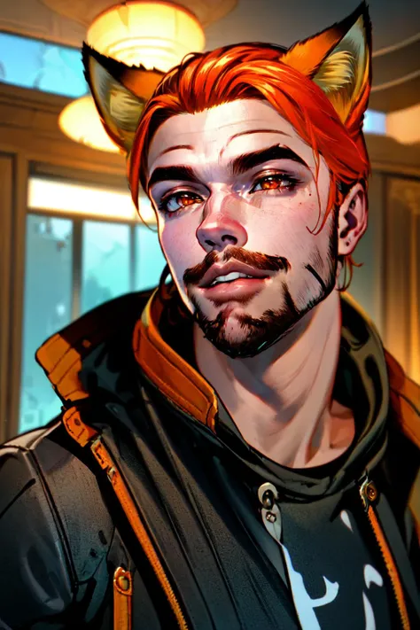 <lyco:Roiadan_Vanzey:0.7>  Roiadan Vanzey, Osenayan, (masterpiece, best quality), animal ears, solo, facial hair, 1boy, male focus, fox ears, parody, orange hair, indoors, beard, stubble, looking at viewer, lips, upper body, brown eyes, jacket,rule of thirds, dynamic angle,