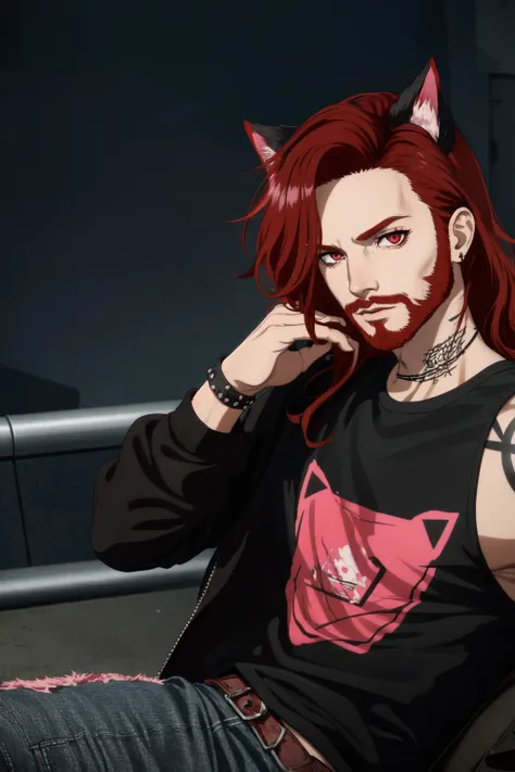 <lora:virtualWorldsPeople_matoyaiiviNaagora:.6> (masterpiece, best illustration, extreme light and shadow), 1boy, solo, (male focus:.7), transgender male, red hair, long hair, facial hair, beard, red hair, red eyes, stubble, cat ears, animal ears, (mature),  perfect face, side lighting, lustrous skin,(bloom), (shine), wearing a black and pink anime tshirt, denim jeans, goth makeup, wristband, emo punk style, (punk:1.5), jewelry, (perfect hands:1.2), depth of field, tattoos, shy, sitting on a bench in a shopping mall, (night sky:1.2), wind swept hair, (sidelighting), (volumetric lighting)