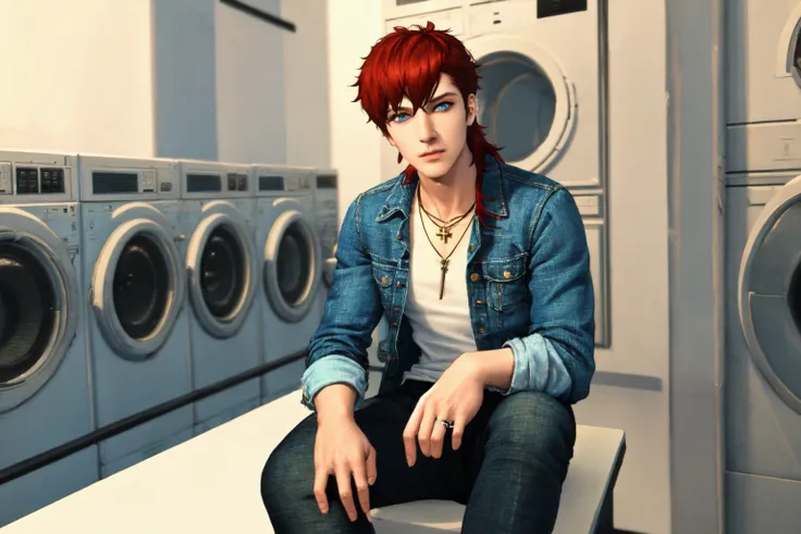 <lora:Rana_Solas:.7> Rana Solas, Rannie, ((masterpiece)),1boy, male focus, solo, red hair, jacket, denim, jewelry, denim jacket, looking at viewer, jeans, ring, long hair, shirt, v, sitting, necklace, blue eyes, pants, indoors, laundromat , rule of thirds, best light and shadow, (beautiful detailed eyes), (extremely detailed),(citypunk:.8),((best quality)), dynamic angle, rim lighting,