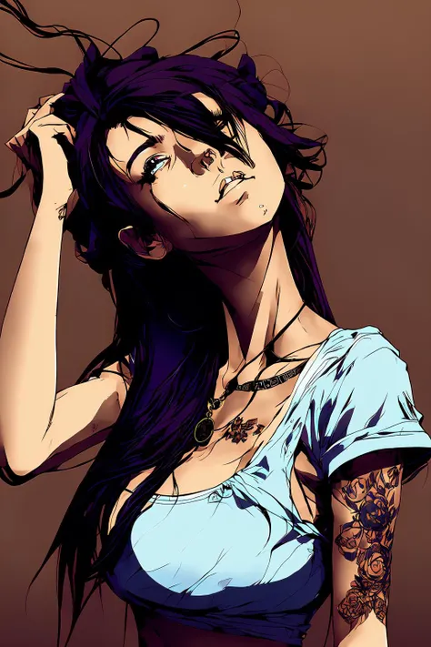 <lora:Kitch Xvoor-000011:.5> nvinkpunk, 1girl, solo, long hair, blue eyes, jewelry, necklace, brown hair, tattoo, breasts, black background, earrings, looking at viewer, red hair, simple background, realistic, large breasts, lips, nvinkpunk