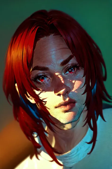 ((masterpiece)), solo, red hair, blue eyes, red eyes, heterochromia, looking at viewer, lips, white background, sweater, portrait, nose, city background, rule of thirds, best light and shadow, ((best quality)), dynamic angle, rim lighting, <lyco:Rana_Solas:0.8>