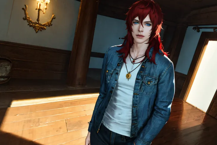 <lora:Rana_Solas:.7> Rana Solas, Rannie, ((masterpiece)),1boy, male focus, solo, red hair, jacket, denim, jewelry, denim jacket, looking at viewer, realistic, jeans, ring, long hair, shirt, v, necklace, blue eyes, pants, indoors, leather , rule of thirds, best light and shadow, ((best quality)), dynamic angle, rim lighting,