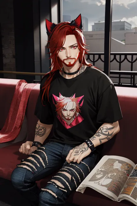 <lora:virtualWorldsPeople_matoyaiiviNaagora:.6> (masterpiece, best illustration, extreme light and shadow), 1boy, solo, (male focus:.7), transgender male, red hair, long hair, facial hair, beard, red hair, red eyes, stubble, cat ears, animal ears, (mature), perfect face, side lighting, lustrous skin,(bloom), (shine), wearing a black and pink anime tshirt, denim jeans, goth makeup, wristband, emo punk style, (punk:1.5), jewelry, (perfect hands:1.2), depth of field, tattoos, shy, sitting on a bench in a shopping mall, (indoor lighting:1.2), wind swept hair, (sidelighting), (volumetric lighting), swpunk, paint splatter,