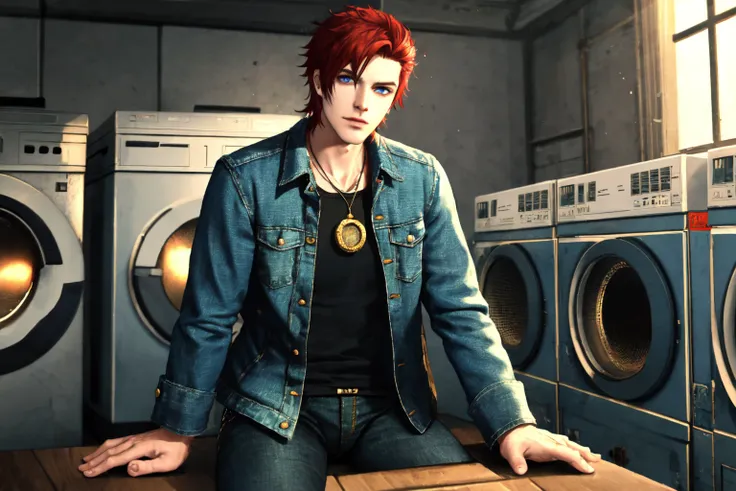 <lora:Rana_Solas:.7> Rana Solas, Rannie, ((masterpiece)),1boy, male focus, solo, red hair, jacket, denim, jewelry, denim jacket, looking at viewer, jeans, ring, long hair, shirt, v, sitting, necklace, blue eyes, pants, indoors, laundromat , rule of thirds, best light and shadow, (beautiful detailed eyes), (extremely detailed),(citypunk:.8),((best quality)), dynamic angle, rim lighting,