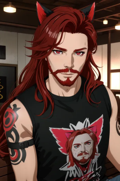 <lora:virtualWorldsPeople_matoyaiiviNaagora:.6> (masterpiece, best illustration, extreme light and shadow), 1boy, solo, (male focus:.7), transgender male, red hair, long hair, facial hair, beard, red hair, red eyes, stubble, cat ears, animal ears, (mature),  perfect face, side lighting, lustrous skin,(bloom), (shine), wearing a black and pink anime tshirt, denim jeans, goth makeup, wristband, emo punk style, (punk:1.5), jewelry, (perfect hands:1.2), depth of field, tattoos, shy, sitting on a bench in a shopping mall, (indoor lighting:1.2), wind swept hair, (sidelighting), (volumetric lighting)