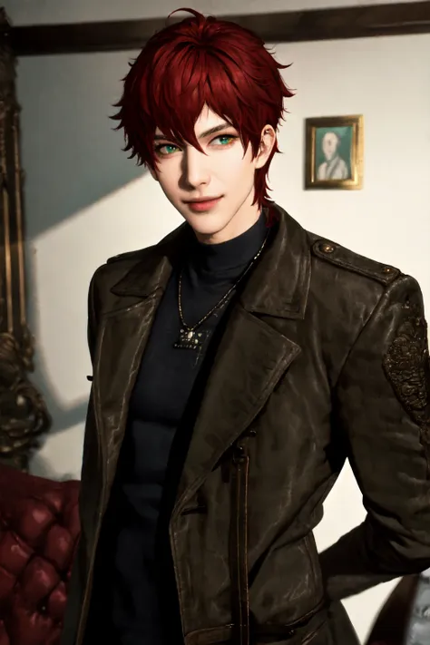 <lora:Rana_Solas:.7> Rana Solas, Rannie, ((masterpiece)),solo, 1boy, male focus, red hair, green eyes, coat, lips, shirt, jacket, smile, looking at viewer, clothes writing, nose, indoors, upper body, cable, short hair, whit long leather open coat, , rule of thirds, best light and shadow, ((best quality)), dynamic angle, rim lighting,