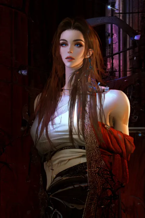 <lora:KitchXvoor_Final:1> (masterpiece), best quality, 1girl, solo, blue eyes, brown hair, long hair, breasts, large breasts, lips, wearing a black shirt, shirt, earrings, jewelry, looking at viewer, nail polish,