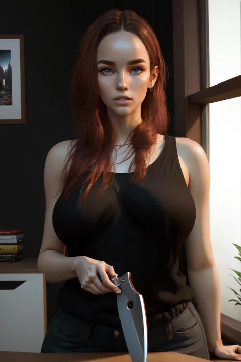 <lora:Kitch Xvoor-000011:1> (masterpiece, best quality, ultra-detailed, absurdres, highres),1girl, solo, jewelry, earrings, long hair, blue eyes, brown hair, tank top, breasts, lips, looking at viewer, clothes writing, nose, upper body, black background, large breasts, realistic, english text, sleeveless, shirt, red hair, bare shoulders, knife, glowing, simple background, logo, floating object, print shirt, black shirt, weapon, ray tracing,  depth_of_field, very detailed background, highly detailed background, Masterpiece, Ultra detailed, great composition, (Highest picture quality), (Master's work), (dynamic angle), depth of field, extreme light and shadow, masterpiece, rich in detail,  (highest quality), (masterpiece),(extremely detailed CG unity 8k wallpaper),(masterpiece), (best quality), (ultra-detailed), (best illustration),(best shadow),perfect lighting , perfect anatomy , vivid colors