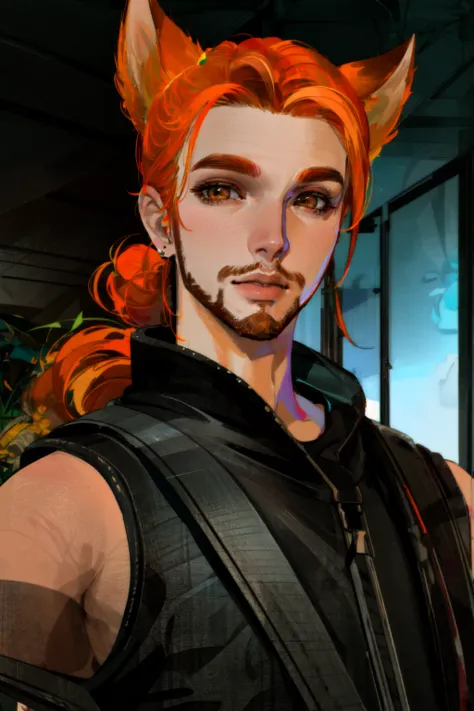 <lora:Roiadan_Vanzey:.7> Roiadan Vanzey, Osenayan, (masterpiece, best quality), animal ears, solo, facial hair, 1boy, male focus, fox ears, parody, orange hair, indoors, beard, stubble, looking at viewer, lips, upper body, brown eyes, animification, nose, jacket, cosplay, rule of thirds,