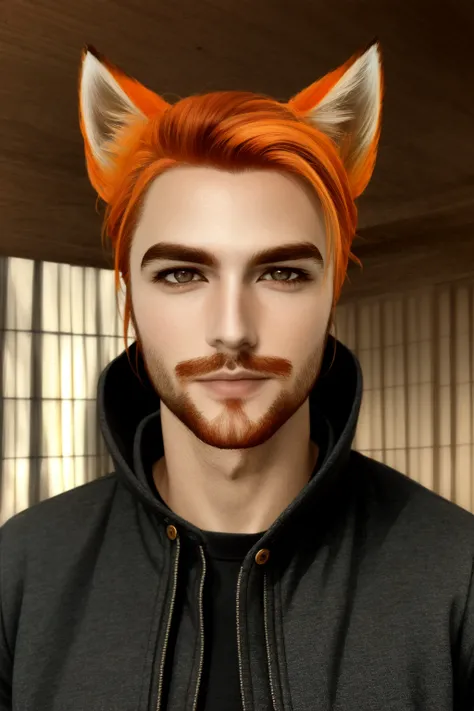 <lora:Roiadan_Vanzey:.7> Roiadan Vanzey, Osenayan, (masterpiece, best quality), animal ears, solo, facial hair, 1boy, male focus, realistic, fox ears, parody, orange hair, indoors, beard, stubble, looking at viewer, lips, upper body, brown eyes, animification, nose, jacket, cosplay, rule of thirds,