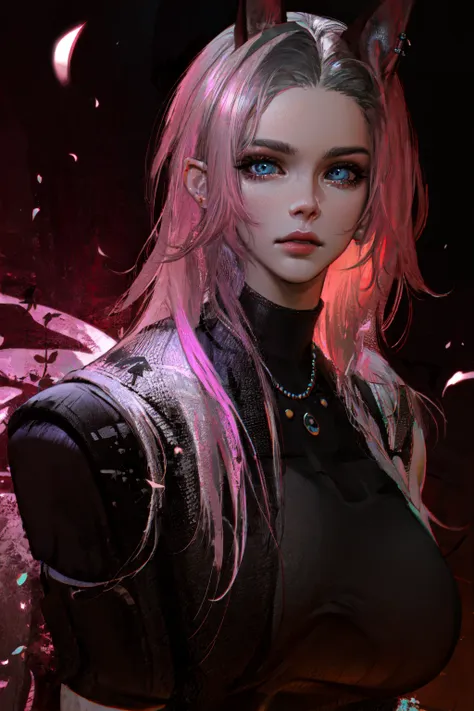 <lora:KitchXvoor_Final:0.7>  Kitch Xvoor, (masterpiece, best quality, ultra-detailed, highres), perfect face, sidelighting, lustrous skin,(bloom), (shine), lighting, ray tracing, sci-fi, blue eyes, white hair, two tone hair, pink hair, cat ears, animal ears, long hair, hair covering ears, jewelry, wearing a black shirt, shirt, looking at viewer, depth_of_field,very detailed background, highly detailed background, Masterpiece, Ultra detailed, great composition,Dynamic angle,extremely delicate and beautiful,(Highest picture quality), (Master's work),   depth of field, solo, extreme light and shadow, masterpiece, rich in detail, (fine features), (highest quality), (masterpiece), (detailed eyes), (beautiful) detailed,beautiful detailed eyes,(straight-on), upper body, cyberpunk:1, flower petals falling, (extremely detailed CG unity 8k wallpaper),(masterpiece), (best quality), (ultra-detailed), (best illustration),(best shadow),perfect lighting , perfect anatomy , vivid colors,  (masterpiece),