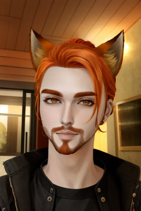 <lora:Roiadan_Vanzey:.7> Roiadan Vanzey, Osenayan ,(masterpiece, best quality), animal ears, solo, facial hair, 1boy, male focus, fox ears, parody, orange hair, indoors, beard, stubble, looking at viewer, lips, upper body, brown eyes, animification, nose, jacket, cosplay, rule of thirds,