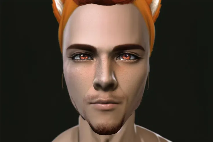 <lora:Matoya'iivi Naa'gora Solas:1> (masterpiece, best quality, ultra-detailed, highres), perfect face, sidelighting, lustrous skin,(bloom), (shine), lighting, ray tracing, sci-fi, solo, 1boy, male focus, facial hair, solo, stubble, cat ears, freckles, shirt,  beard, red hair, tree, animification, red eyes, lips,depth_of_field,very detailed background, highly detailed background, Masterpiece, Ultra detailed, great composition,Dynamic angle, extremely delicate and beautiful,(Highest picture quality), (Master's work),   depth of field, solo, extreme light and shadow, masterpiece, rich in detail, (fine features), (highest quality), (masterpiece), (detailed eyes), (beautiful) detailed,beautiful detailed eyes,(straight-on),cyberpunk:1, (extremely detailed CG unity 8k wallpaper),(masterpiece), (best quality), (ultra-detailed), (best illustration),(best shadow),perfect lighting , perfect anatomy , vivid colors,