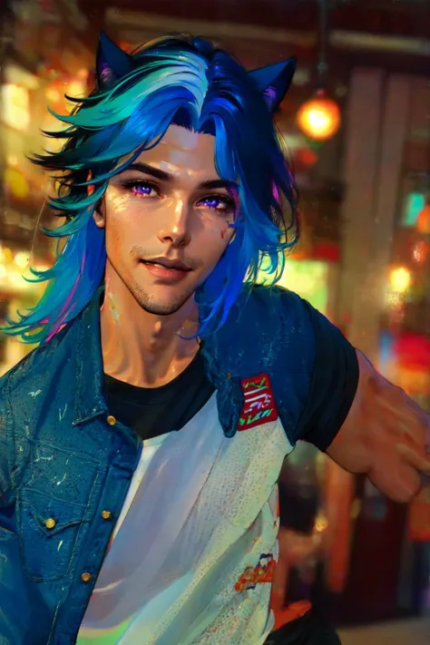 (masterpiece, best illustration, extreme light and shadow), 1boy, solo, (male focus:.7), transgender, non-binary, (blue hair), long hair, purple eyes, wild hair, cat ears, animal ears, (mature), perfect face, side lighting, lustrous skin,(bloom), (shine), wearing a blue tshirt, denim jeans, wristband, (cyberpunk style:.6), jewelry, (perfect hands), depth of field, embers, particles, (chromatic abberation, dslr, fxaa), (close up, dynamic angle), smile, smirk, shy, tattoos, standing in a shopping mall, (indoor lighting), wind swept hair, (sidelighting), (volumetric lighting) <lyco:Tobias:1.0>