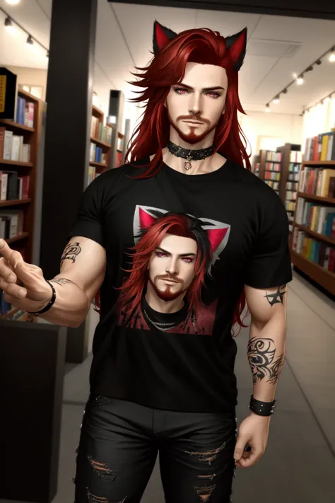 <lora:virtualWorldsPeople_matoyaiiviNaagora:.6> (masterpiece, best illustration, extreme light and shadow), 1boy, solo, (male focus:.7), transgender male, red hair, long hair, facial hair, beard, red hair, red eyes, stubble, cat ears, animal ears, (mature),  perfect face, side lighting, lustrous skin,(bloom), (shine), wearing a black and pink anime tshirt, denim jeans, goth makeup, wristband, emo punk style, (punk:1.5), jewelry, depth of field, tattoos, standing in a bookstore, (night sky:1.2), wind swept hair, (sidelighting), (volumetric lighting)