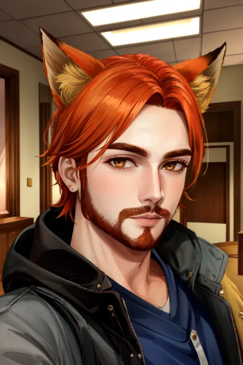 <lora:Roiadan_Vanzey:.5> Roiadan Vanzey, Osenayan ,(masterpiece, best quality), animal ears, solo, facial hair, 1boy, male focus, fox ears, parody, orange hair, indoors, beard, stubble, looking at viewer, lips, upper body, brown eyes, animification, nose, jacket, cosplay, rule of thirds,