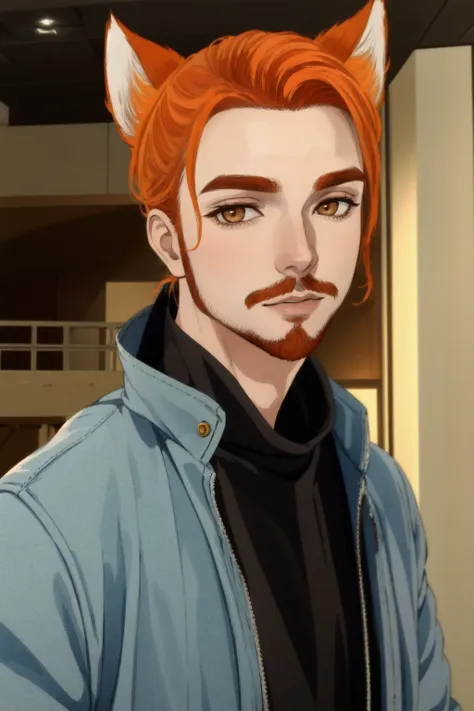 <lora:Roiadan_Vanzey:.7> Roiadan Vanzey, Osenayan, (masterpiece, best quality), animal ears, solo, facial hair, 1boy, male focus, fox ears, parody, orange hair, indoors, beard, stubble, looking at viewer, lips, upper body, brown eyes, animification, nose, jacket, cosplay, rule of thirds,