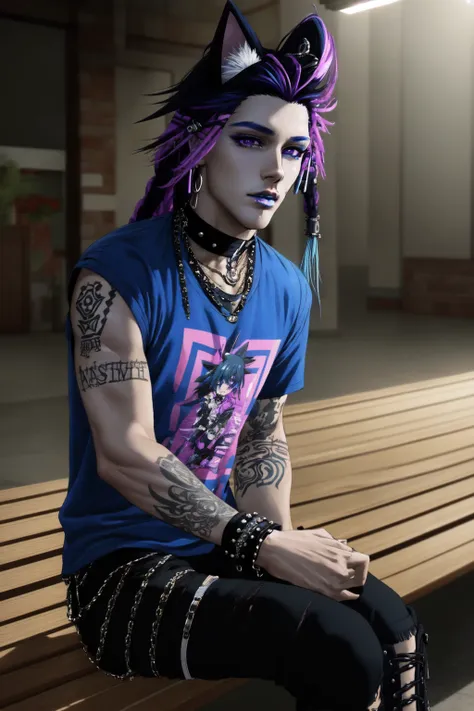 <lora:virtualWorldsPeople_tobias:.8> (masterpiece, best illustration, extreme light and shadow), 1boy, solo, (male focus:.7), transgender male, (blue hair), long hair, dreadlocks, violet eyes eyes, cat ears, animal ears, (mature), perfect face, side lighting, lustrous skin,(bloom), (shine), wearing a blue tshirt, denim jeans, goth makeup, wristband, emo punk style, (punk:1.5), jewelry, (perfect hands:1.2), depth of field, tattoos, shy, sitting on a bench in a shopping mall, (indoor lighting:1.2), wind swept hair, (sidelighting), (volumetric lighting)