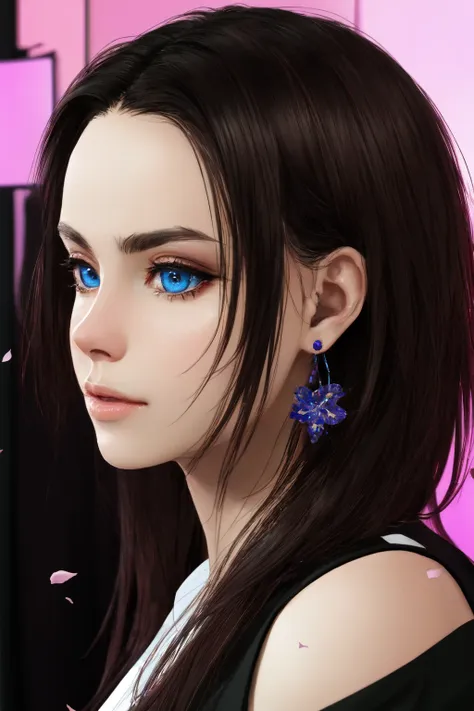 <lora:KitchXvoor_Final:0.8>  Kitch Xvoor, (masterpiece, best quality, ultra-detailed, highres), perfect face, sidelighting, lustrous skin,(bloom), (shine), lighting, ray tracing, sci-fi, blue eyes, brown hair, long hair, earrings, jewelry, wearing a black shirt, shirt, looking at viewer, depth_of_field,very detailed background, highly detailed background, Masterpiece, Ultra detailed, great composition,Dynamic angle,extremely delicate and beautiful,(Highest picture quality), (Master's work),   depth of field, solo, extreme light and shadow, masterpiece, rich in detail, (fine features), (highest quality), (masterpiece), (detailed eyes), (beautiful) detailed,beautiful detailed eyes,(straight-on), upper body, cyberpunk:1, flower petals falling, (extremely detailed CG unity 8k wallpaper),(masterpiece), (best quality), (ultra-detailed), (best illustration),(best shadow),perfect lighting , perfect anatomy , vivid colors,  (masterpiece),