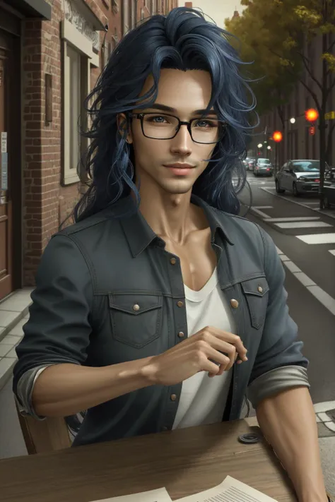 <lora:Tobias:.7>(masterpiece, best quality, ultra-detailed, highres), perfect face, side lighting, lustrous skin,(bloom), (shine), lighting, ray tracing,  glasses, solo, realistic, 1boy, male focus, looking at viewer, outdoors, black shirt, blue hair, smile, heterochromia, shirt, night, building, tree, green eyes, lips, long hair, depth_of_field, very detailed background, highly detailed background, Masterpiece, Ultra detailed, great composition, (close up), extremely delicate and beautiful,(Highest picture quality), (Master's work),   depth of field, solo, extreme light and shadow, masterpiece, rich in detail, (fine features), (highest quality), (masterpiece), (detailed eyes), (beautiful) detailed, beautiful detailed eyes,(straight-on),  (extremely detailed CG unity 8k wallpaper),(masterpiece), (best quality), (ultra-detailed), (best illustration),(best shadow),perfect lighting , perfect anatomy , vivid colors,