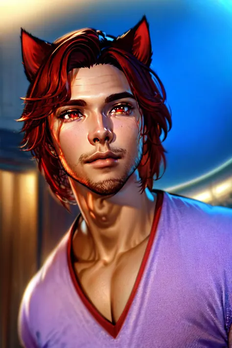 (masterpiece, absurdres, best quality, ultra-detailed, highres), perfect face, sidelighting, lustrous skin,(bloom), (shine), lighting, ray tracing, sci-fi, solo, 1boy, male focus, solo, cat ears, animal ears, (red iris), shirt, red hair, tree, red eyes, <lyco:Matoya'iivi Naa'gora Solas:0.7>