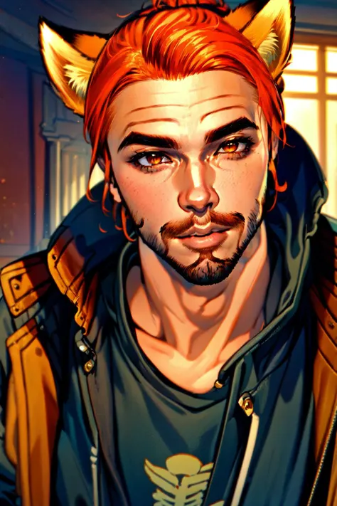 <lyco:Roiadan_Vanzey:0.7>  Roiadan Vanzey, Osenayan, (masterpiece, best quality), animal ears, solo, facial hair, 1boy, male focus, fox ears, parody, orange hair, indoors, beard, stubble, looking at viewer, lips, upper body, brown eyes, jacket,rule of thirds,