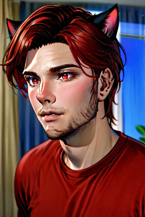 solo, 1boy, male focus, solo, cat ears, animal ears, (red iris), shirt, red hair,red eyes, clean shaven, ,portrait, dynamic angle, <lyco:Matoya'iivi Naa'gora Solas:0.7>