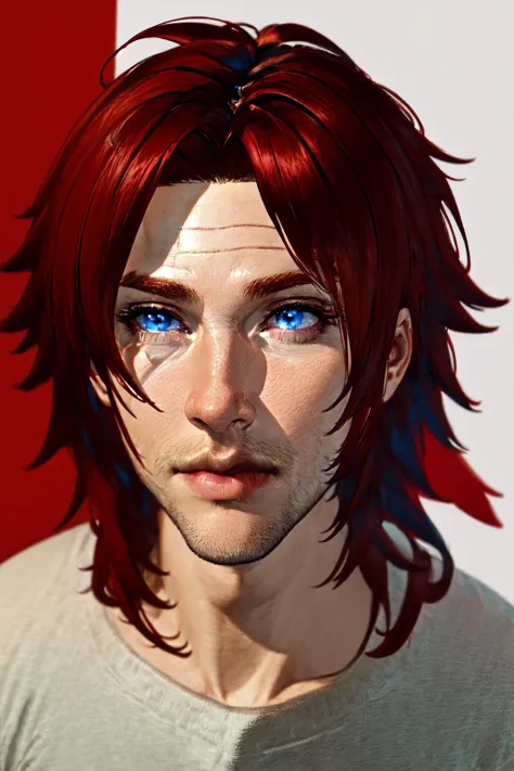 ((masterpiece)), solo, red hair, blue eyes, red eyes, heterochromia, looking at viewer, lips, white background, sweater, portrait, nose, city background, rule of thirds, best light and shadow, ((best quality)), dynamic angle, rim lighting, <lyco:Rana_Solas:0.8>