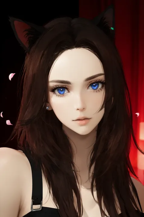 <lora:KitchXvoor_Final:0.8>  Kitch Xvoor, (masterpiece, best quality, ultra-detailed, highres), perfect face, sidelighting, lustrous skin,(bloom), (shine), lighting, ray tracing, sci-fi, blue eyes, brown hair, cat ears, animal ears, long hair, earrings, jewelry, wearing a black shirt, shirt, looking at viewer, depth_of_field,very detailed background, highly detailed background, Masterpiece, Ultra detailed, great composition,Dynamic angle,extremely delicate and beautiful,(Highest picture quality), (Master's work),   depth of field, solo, extreme light and shadow, masterpiece, rich in detail, (fine features), (highest quality), (masterpiece), (detailed eyes), (beautiful) detailed,beautiful detailed eyes,(straight-on), upper body, cyberpunk:1, flower petals falling, (extremely detailed CG unity 8k wallpaper),(masterpiece), (best quality), (ultra-detailed), (best illustration),(best shadow),perfect lighting , perfect anatomy , vivid colors,  (masterpiece),