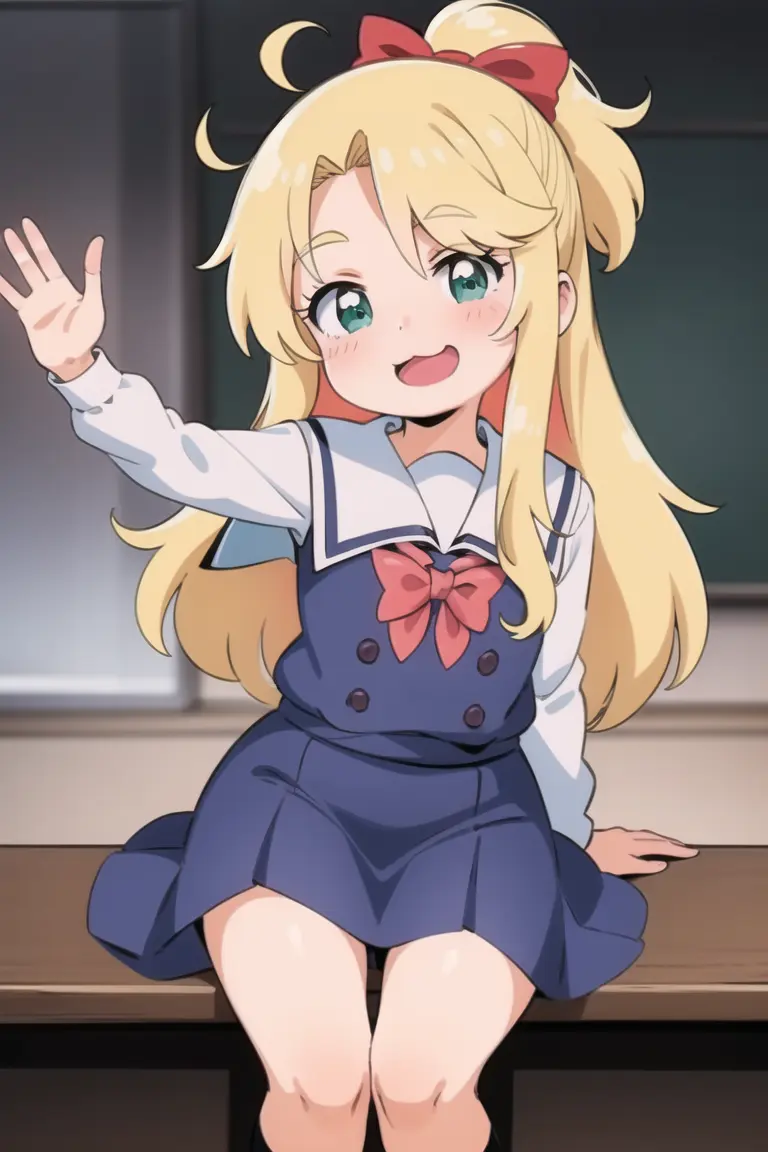 1girl, <lora:noa:1>, himenoa, :3, school uniform, school, waving, :D,