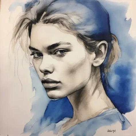 stellamaxwell, woman <lora:stellamaxwell_xl:1> drawing, water color , face, blue silk top