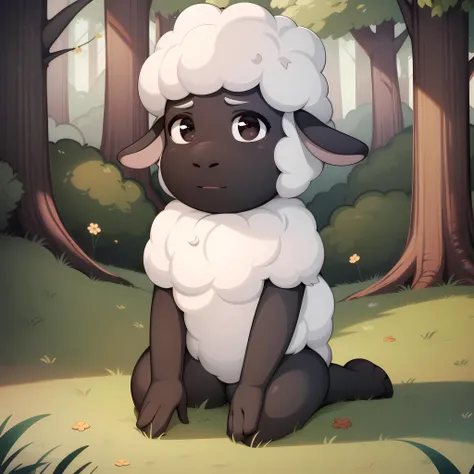 ((masterpiece, best quality)), solo, solo focus, full body, no humans, furry, sheep, black eyes, white fur, woolie, <lora:WoolieAmandaTheAdventurer1:0.6>, forest,