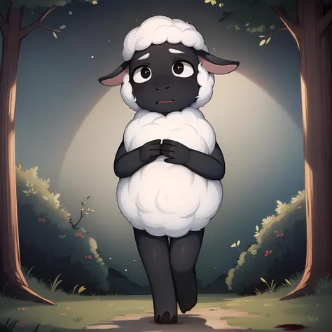 ((masterpiece, best quality)), solo, solo focus, full body, no humans, furry, sheep, black eyes, white fur, woolie, <lora:WoolieAmandaTheAdventurer1:0.6>, forest, walking, scared, night, night sky, blood splatter,