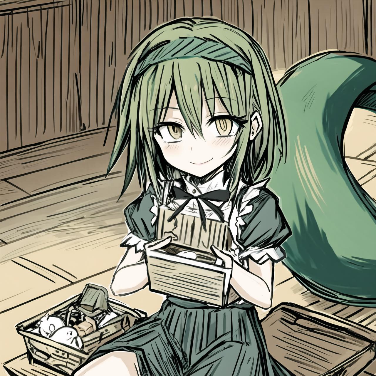 Anime girl with green hair holding a box of food - SeaArt AI