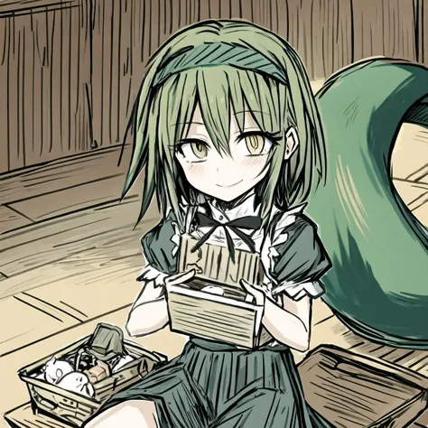 official art, official artstyle, game cg, bille, 1girl, solo, sitting, smile, holding a picnic box, green hair, ringed eyes, yellow eyes, snake eyes, nice hands <lora:envybetterhandsLocon_beta2:1.0> <lora:bille:0.8>