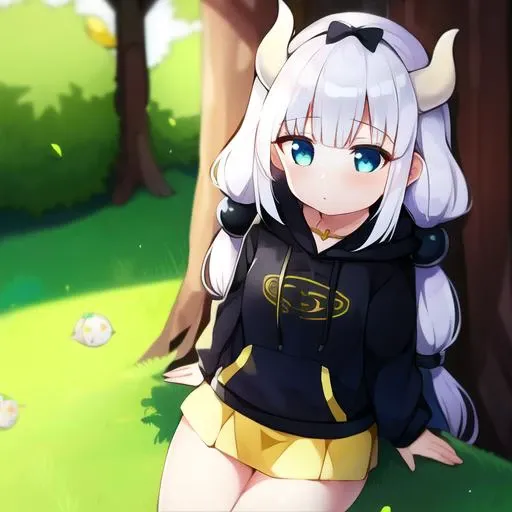 1girl, kamui, black hoodie, yellow skirt with a heart pattern, thick green lizard tail, white horns, sitting on a tree branch, <lora:kamui-01:1>