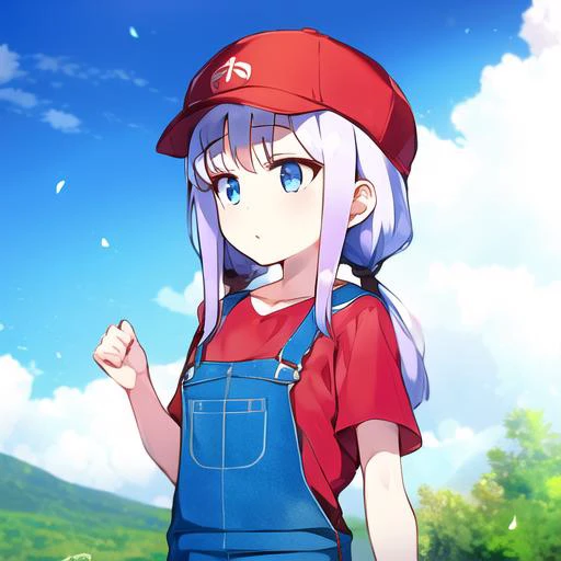 1girl, kamui, red shirt, blue overalls, red cap, <lora:kamui-02:1>