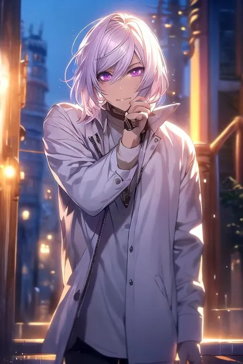 masterpiece, best quality, , 1boy, solo, male focus, looking at viewer, , depth of field, <lora:cutthroat_akudama_drive:0.72>, cutthroat_akudama_drive, white hair, purple eyes, king costume, ,