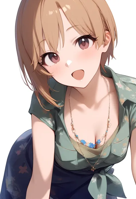 1girl,aiba yumi,blush,cleavage,collarbone,floral print,looking at viewer,solo,d,green shirt,necklace,open mouth,simple background,tied shirt,white background,blue dress,bracelet,jacket,breast pocket,cowboy shot,leaning forward,print dress,standing,upper body,<lora:a31_char_new_aiba_yumi-000028:1>masterpiece, best quality, absurdres<lora:a31_style_koni-000010:0.8>