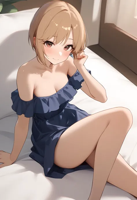 1girl,aiba yumi,blush,collarbone,looking at viewer,solo,bare arms,bare shoulders,cleavage,smile,bare legs,closed mouth,sitting,sleeveless dress,<lora:a31_char_new_aiba_yumi-000028:1>masterpiece, best quality, absurdres<lora:a31_style_koni-000010:0.8>