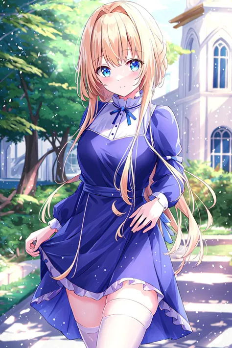 ((masterpiece, best quality:1.2)), (ultra-detailed:1.2),  <lora:AliceReducedv2:0.7>, alice, dress, blue dress, white thighhighs,