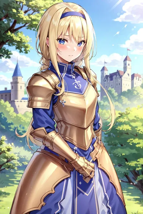 masterpiece, best quality, 1girl, Alice, AliceArmor, armor, armored dress, standing, slight smile, blush, cowboy shot, outdoors, detailed background, castle in background, trees, long hair, arms at sides