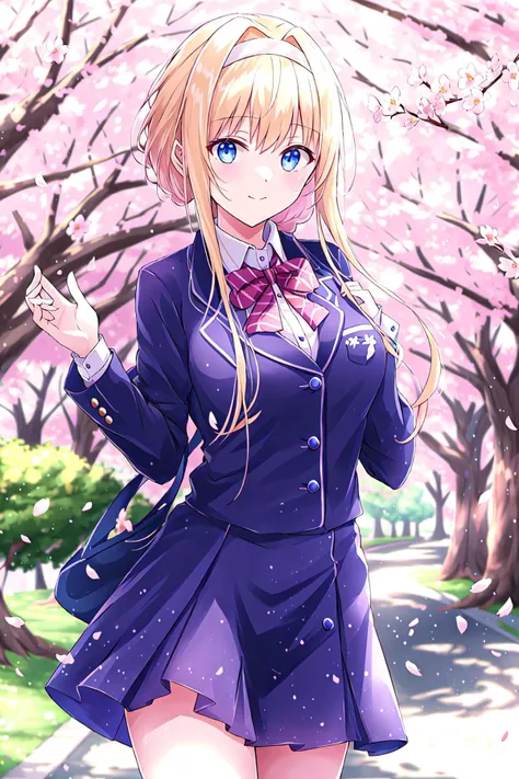 ((masterpiece, best quality:1.2)), (ultra-detailed:1.2),  <lora:AliceReducedv2:0.7>, alice, dress, school uniform, cherry blossoms,