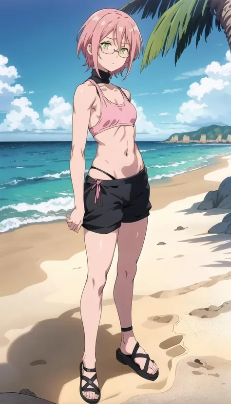 Pink hair, yellow-green eyes, glasses, black turtleneck, serious expression, <lora:Gowther:1>, (small breast:1.5), arms behind back, standing, ocean, palms, sand, sun, tank top
