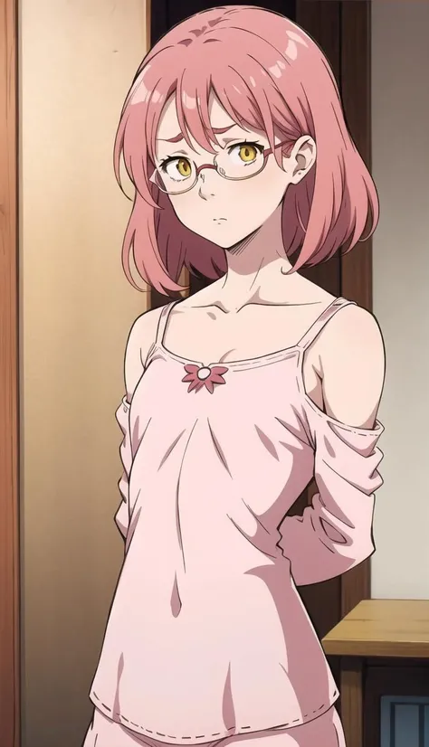 Shoulder-length red hair, golden-yellow eyes, round-framed glasses, pink top with white details, surprised facial expression, <lora:Gowther:1>, (small breast:1.5), arms behind back