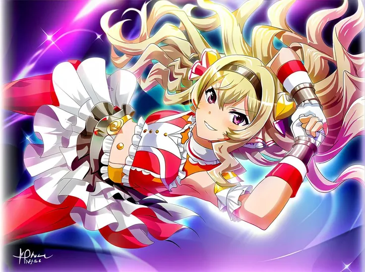 saijo_claudine\(Bombardier\), 1girl, solo, looking_at_viewer, blush, smile, navel, multicolored_hair, midriff, armpits, grin, arms_up, v-shaped_eyebrows, sparkle, floating_hair, stage,
masterpiece, Extremely Delicate Pixiv 8K-Illustration, Best Quality, Hyper Detailed, Intricate Details, Depth Of Field,(extremely detailed skin), (extremely detailed eyes), (extremely detailed face), (extremely detailed hair), (perfect anatomy), extremely detailed CG unity 8k wallpaper,thick highlights in eyes,extremely detailed glistening iris, perfect shading, perfect overlay, perfect highlights, color tress, colorful reflected light in eyes,