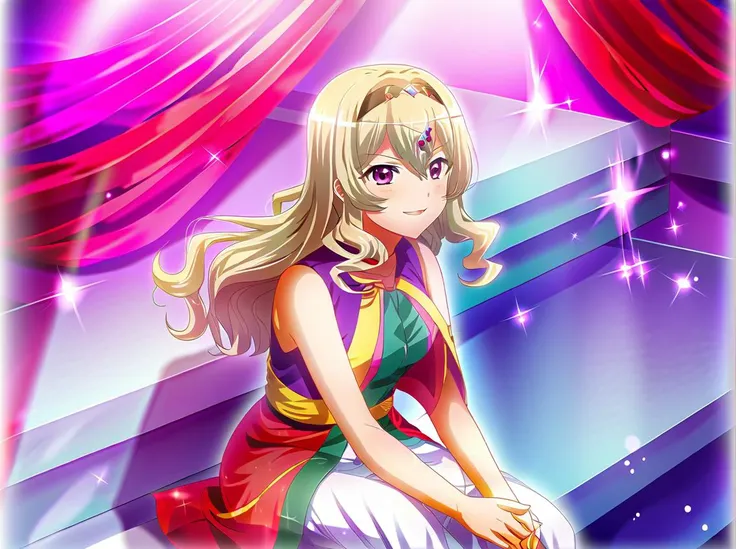 saijo_claudine\(stage_uniform\), 1girl, solo, breasts, looking_at_viewer, blush, smile, bare_shoulders, sitting, collarbone, parted_lips, bare_arms, sparkle, curtains, light_particles, lens_flare, hands_on_own_knees, hands_on_lap, hand_on_own_head, coin, hand_on_own_stomach, gold, treasure_chest,
masterpiece, Extremely Delicate Pixiv 8K-Illustration, Best Quality, Hyper Detailed, Intricate Details, Depth Of Field,(extremely detailed skin), (extremely detailed eyes), (extremely detailed face), (extremely detailed hair), (perfect anatomy), extremely detailed CG unity 8k wallpaper,thick highlights in eyes,extremely detailed glistening iris, perfect shading, perfect overlay, perfect highlights, color tress, colorful reflected light in eyes,