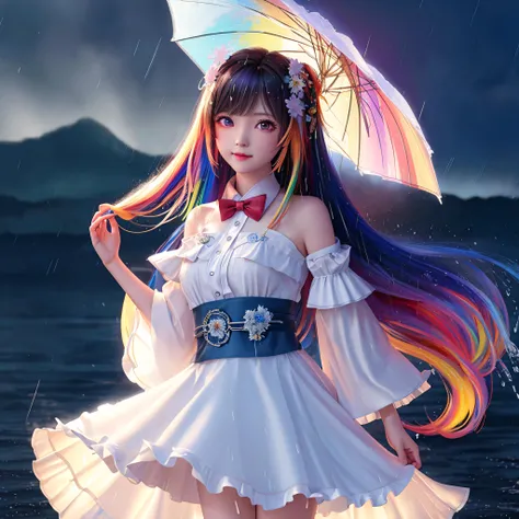 nuclear explosion behide,flames of war,(rain:1.2),detailed lighting,(detailed water:1.2),long bangs,hair between eyes,white bowties,flower,blank stare,beautiful detailed glow,beautiful detailed eyes,beautiful detailed girl,(multicolored hair:1.2),(gradient hair:1.2),(very long hair:1.2),(floating hair:1.2),panorama,masterpiece,best quality,ultra-detailed,illustration,disheveled hair,frills,1girl,solo,dynamic angle,big top sleeves,floating,beautiful detailed sky,beautiful detailed water,beautiful detailed eyes,overexposure,side blunt bangs,hair between eyes,ribbons,bowties,buttons,bare shoulders,detailed wet clothes,blank stare,pleated skirt,flowers,smile,large breasts,moonflower,black wings